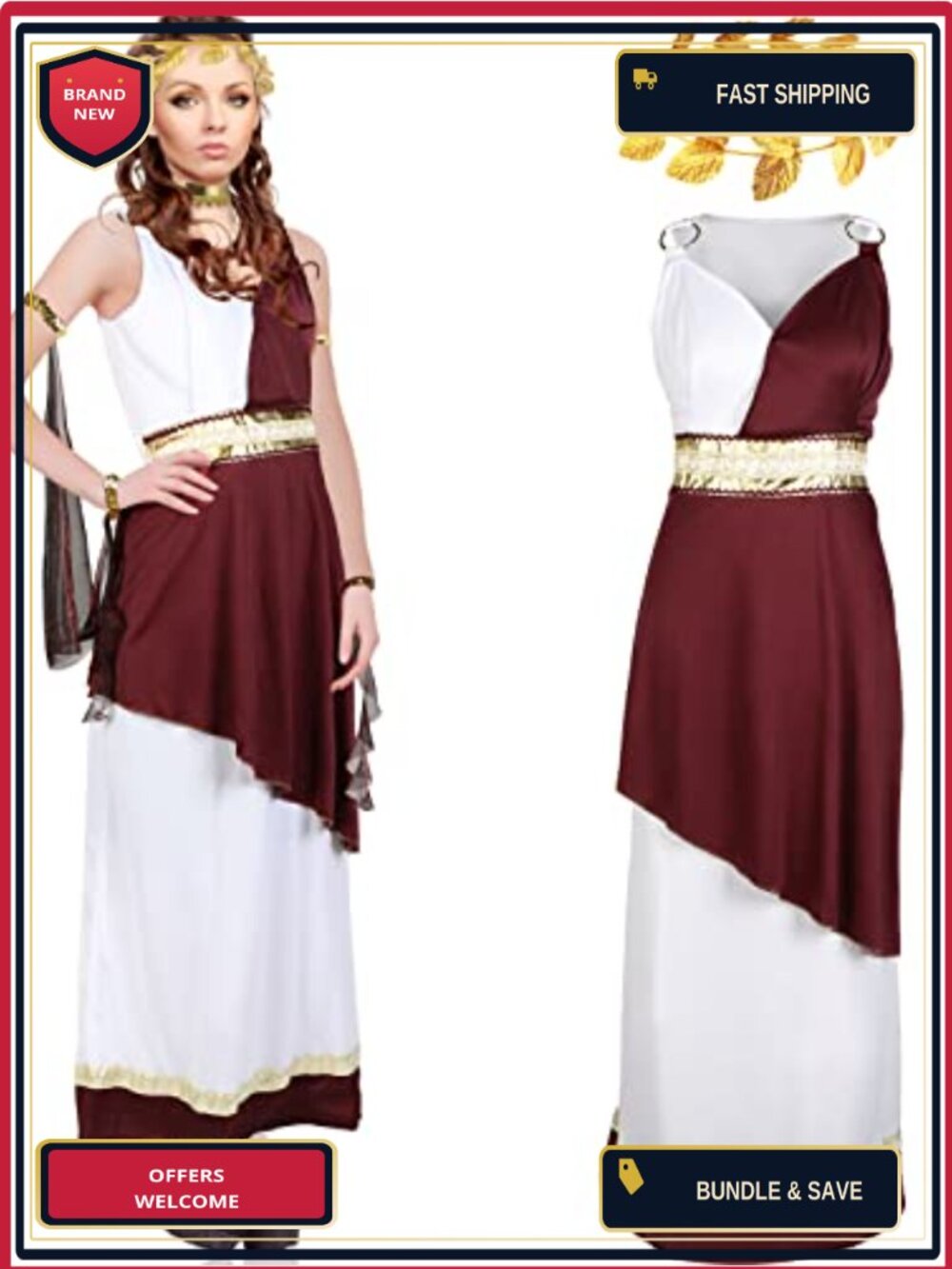 Greek Goddess Toga Costume Set Polyester Dress Crown Necklace Arm Bands